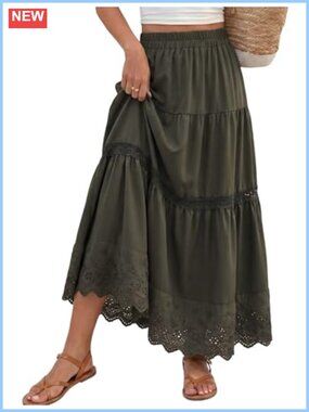 Womens Tiered Maxi Skirt High Waisted A Line Flowy Boho Summer Beach